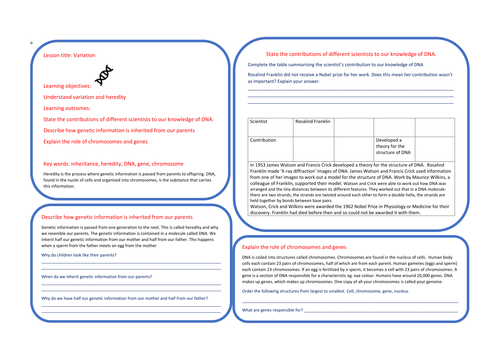 DNA / inheritance learning mat. Key stage 3 lesson or homeowrk or a starter task to recap for GCSE