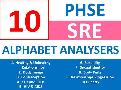 10 x SRE Puberty Sex Ed PSHE Alphabet Brainstorm Analysers Keyword Starters Homework Cover Lesson