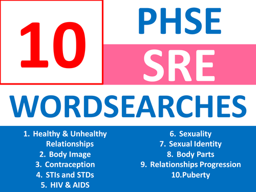 10 x SRE Puberty Sex Ed PSHE Wordsearches Keyword Starters Wordsearch Homework Cover Lesson Hwk