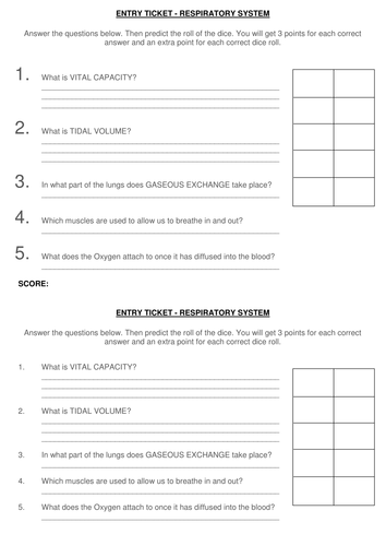 1.2.3 Respiratory System Entry Ticket / Starter