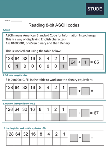 Reading 8 bit binary ASCII codes worksheet