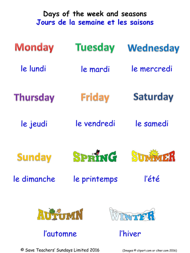 Days of the Week & Seasons in French Worksheets, Games, Activities & Flash Cards (with audio)