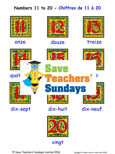 Numbers 11-20 in French Worksheets, Games, Activities and Flash Cards