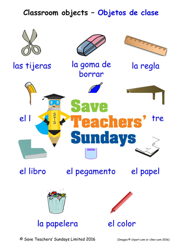 Classroom Objects in Spanish Worksheets, Games, Activities and Flash Cards