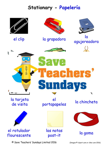 Stationary in Spanish Worksheets, Games, Activities and Flash Cards (with audio)