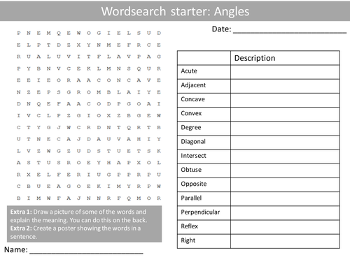Maths Angles KS3 GCSE Wordsearch Crossword Anagram Alphabet Keyword Starter Cover Homework