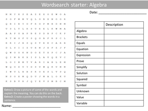 Maths Algebra KS3 GCSE Wordsearch Crossword Anagram Alphabet Keyword Starter Cover Homework