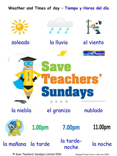 Weather & Times of Day in Spanish Worksheets, Games and Flash Cards (with audio)