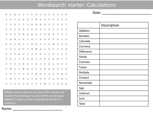 Maths Calculations KS3 GCSE Wordsearch Crossword Anagram Alphabet Keyword Starter Cover Homework
