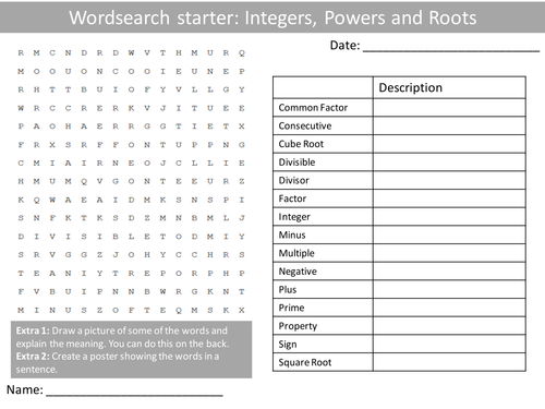 Maths Integers Powers Roots KS3 Wordsearch Crossword Anagram Alphabet Keyword Starter Cover Homework