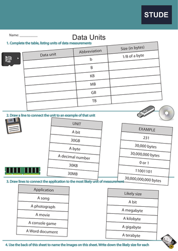 Data Units worksheet for KS3 or GCSE computing