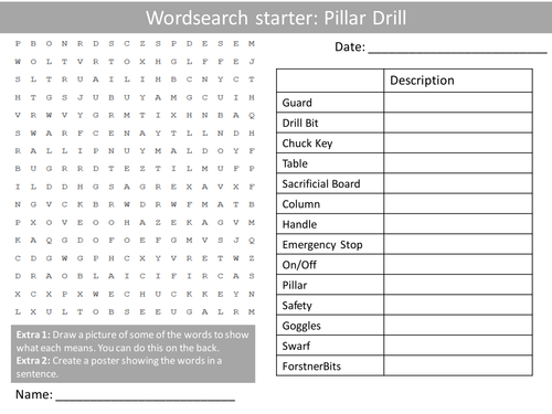 free worksheet alphabet KS3 Drill Technology Pillar Wordsearch GCSE Design