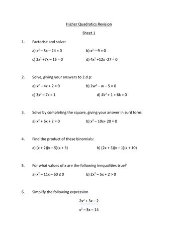Higher Quadratics revision sheets