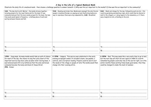 Medieval Monks Worksheet