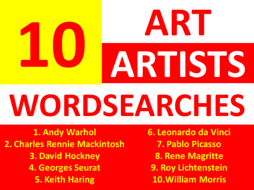 10 x Art Artist Wordsearches KS3 GCSE Wordsearch Keyword Starter Cover Homework Plenary