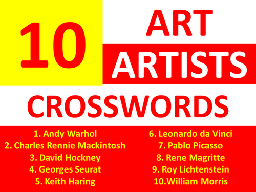 10 x Art Artist Crosswords KS3 GCSE Crossword Keyword Starter Cover Homework Plenary