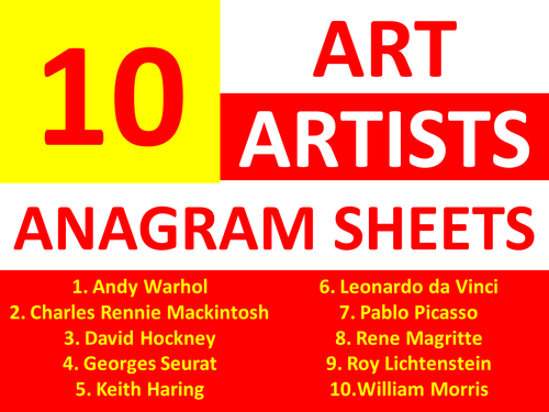 10 x Art Artist Anagram Sheets KS3 GCSE Anagrams Keyword Starter Cover Lesson Homework Plenary