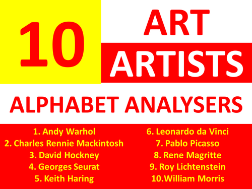 10 x Art Artist Alphabet Brainstorm Analysers KS3 GCSE Keyword Starter Cover Homework Plenary