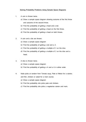 worksheet  on sample space diagrams and probability