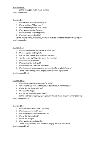 Ghost Stadium by Tom Palmer comprehension questions by chapter