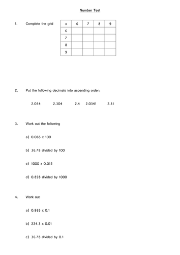 year 7/8 number test