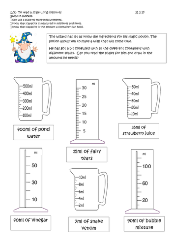 reading scales using millilitres ml year 2 by caddi122