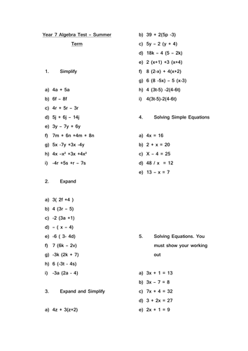 Algebra Test expressions and equations year 7/8