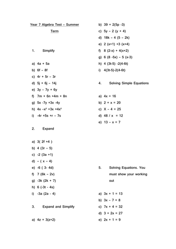 algebra problem solving questions year 7