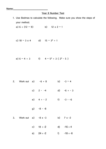 bodmas and negative numbers test/homework/starter questions by ...