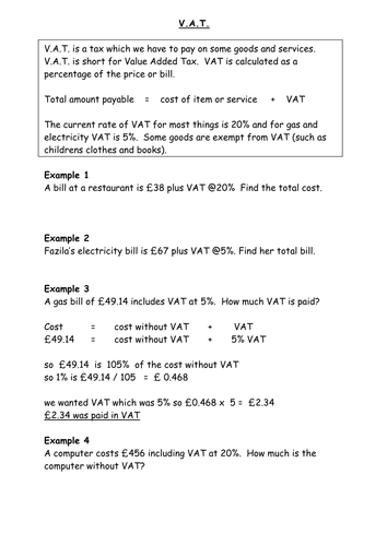 VAT worksheet Percentages - explanations, notes, worked examples and a few questions