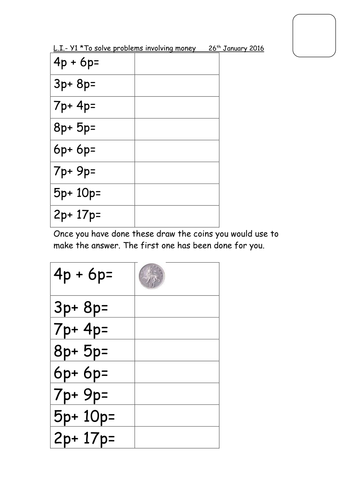 4 differentiated worksheets for problems involving money