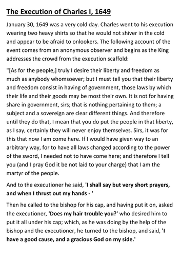 The Execution of Charles I, 1649 Eyewitness Account Handout