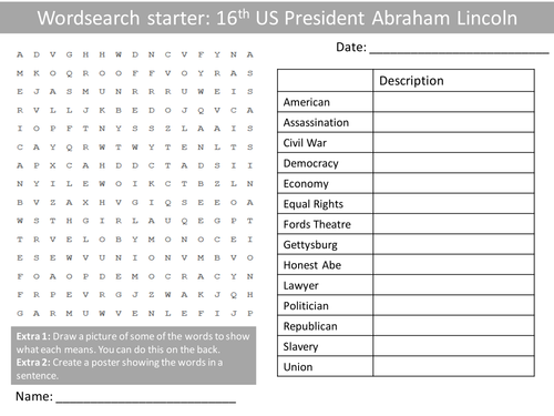 Politics US President Abraham Lincoln Wordsearch Crossword Anagram Alphabet Keyword Starter Cover