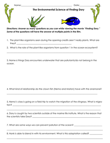 the environmental science of finding dory movie worksheet teaching resources