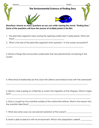 The Environmental Science of Finding Dory: Movie Worksheet