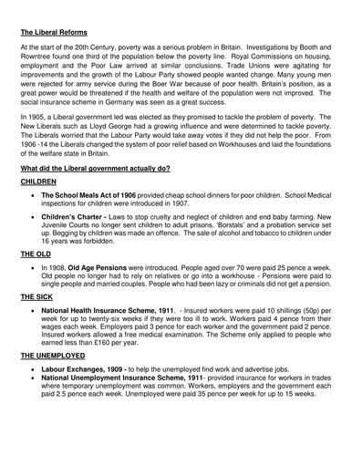 Revision Notes: The Liberal Reforms 1906 - 1911