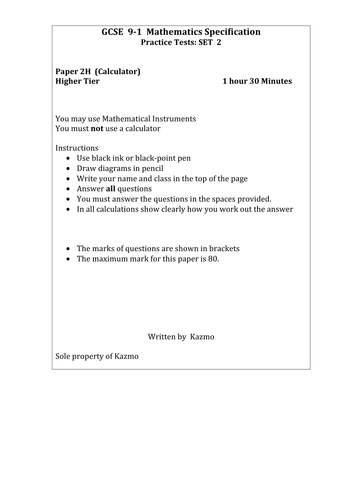 9 1 Maths Papers Higher Tier 1h 2h New Set 2 Teaching Resources