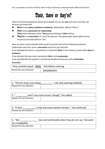 Their, there, they're: classroom or homework practice sheet - pupils to state reason for choice