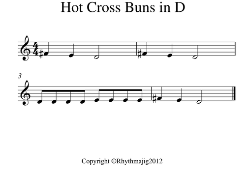 Hot Cross Buns in C, D and D flat- sheet music