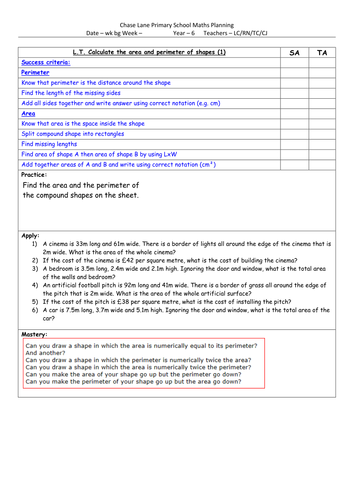 Week 4 Spring 1 year 6 - area and perimeter (including triangles and paralellograms)
