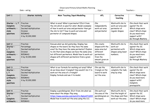 Week 4 Spring 1 Year 6 planning for area and perimeter (including triangles and paralellograms)
