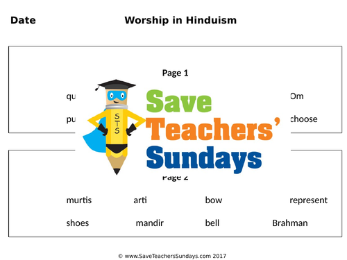 Hindu Worship KS1 Lesson plan, Worksheets and Activity (Year 2 or Lower KS2)
