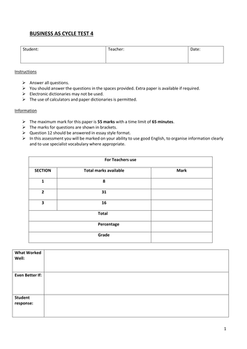 AQA year 1 A-level Business mini test 4