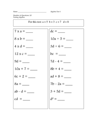Algebra tests 20 questions