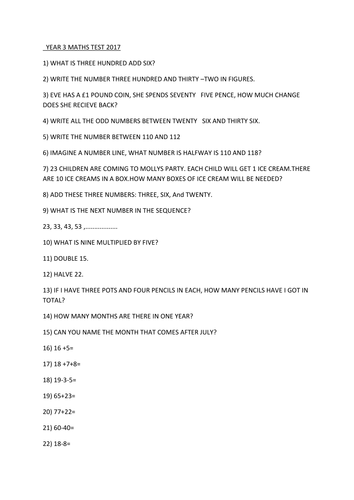 Maths Assessment for students in Year 3.