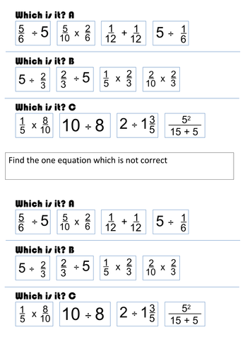 Which is the wrong equation? (Division of fractions activity)