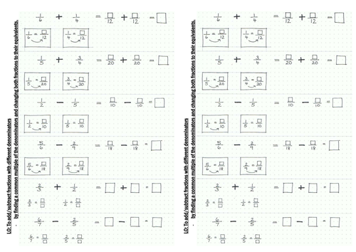 addition and subtraction of fractions worksheet teaching