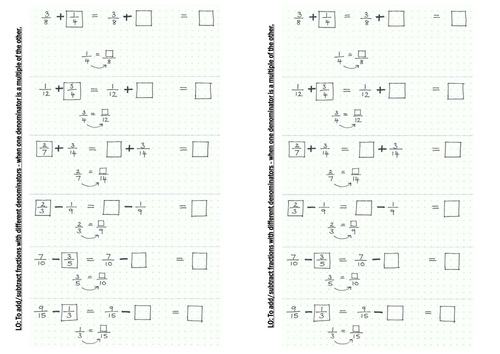 addition/subtraction of fractions worksheet (when just one denominator needs changing)