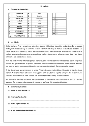 Spanish School Reading Comprehension (KS3/ GCSE Foundation)