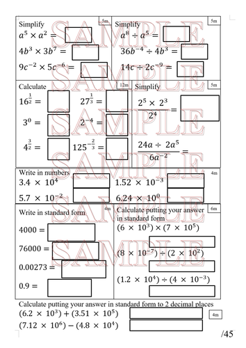 Half lesson, one sheet test on Indices and Standard form